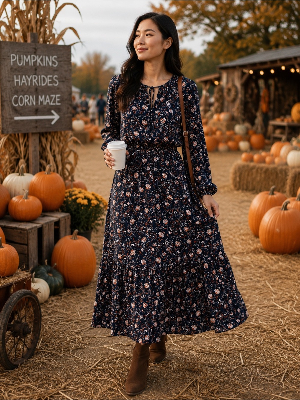 Wayf Navy Floral Long-Sleeve Tiered Maxi Dress